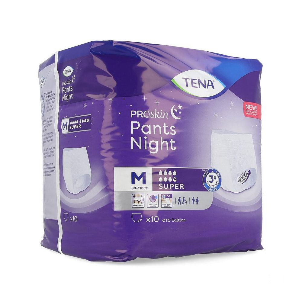 Paquet de TENA Pants Night Super, taille M. Emballage violet avec image du produit et informations. 10 pièces.