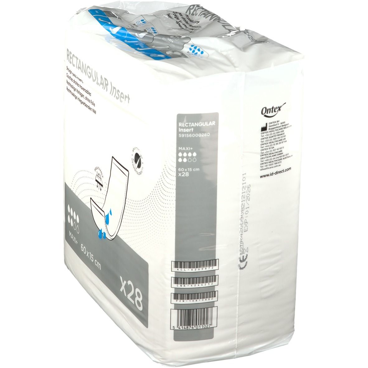 Verpakking rechthoekige inlegkruisjes. Opschrift: MAXI+ 60x15 cm, x28. Ontex-logo en barcode.