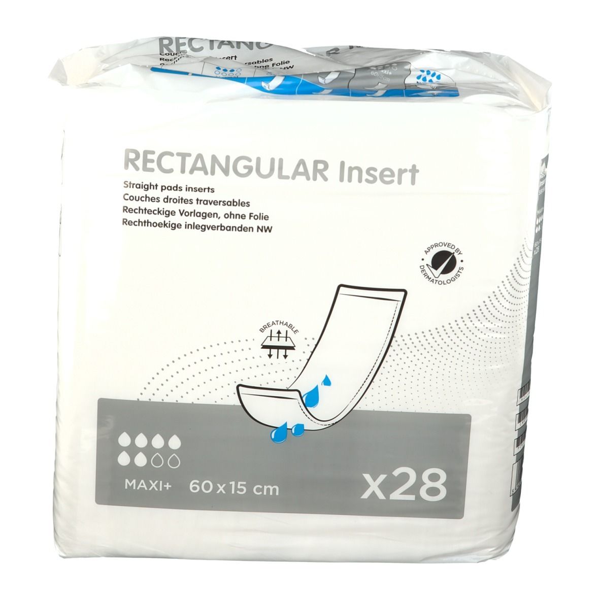 Verpakking rechthoekige inlegkruisjes. Opschrift: MAXI+ 60x15 cm, x28. Illustratie en dermatologische certificering.