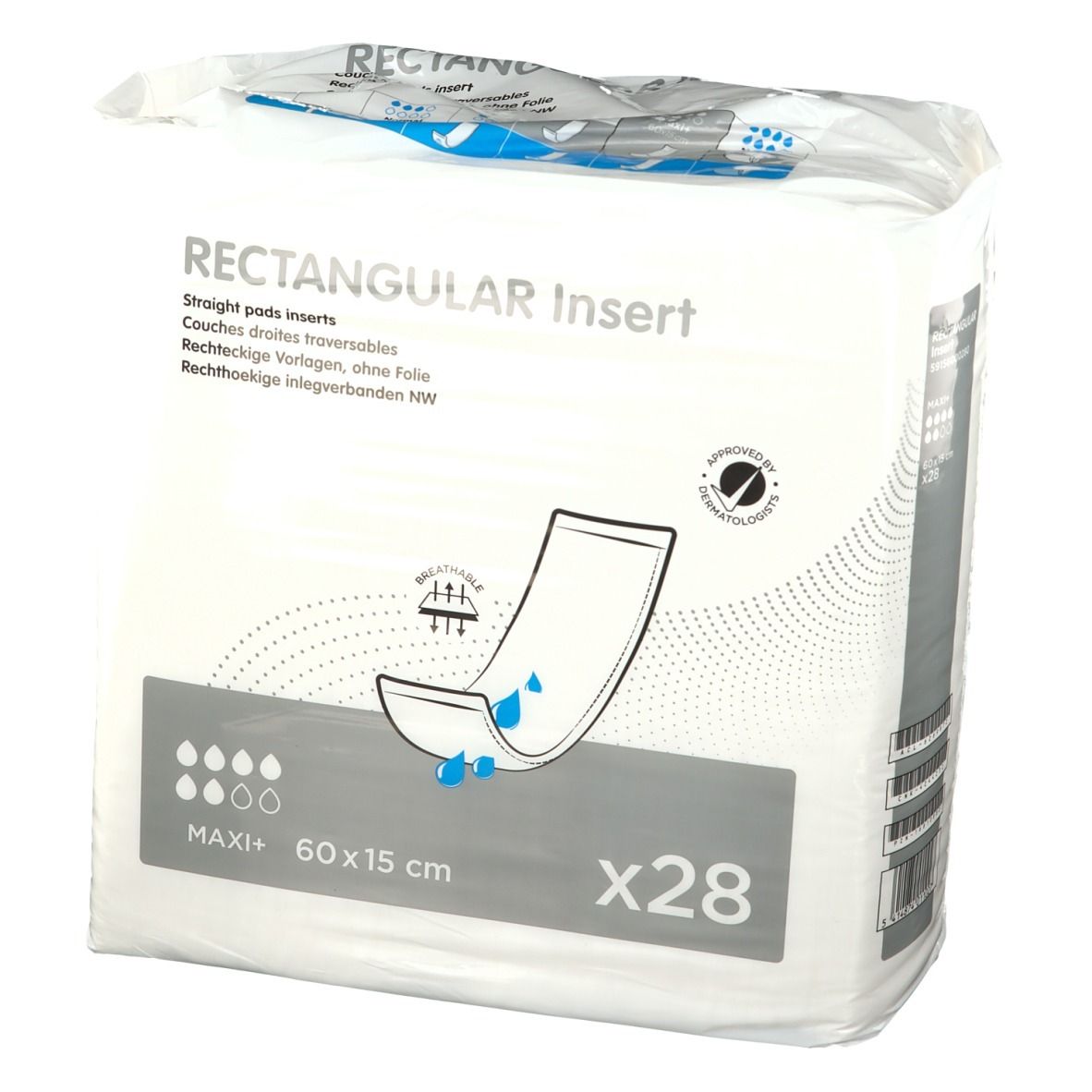 Verpakking rechthoekige inlegkruisjes. Opschrift: MAXI+ 60x15 cm, x28. Illustratie en dermatologische certificering.
