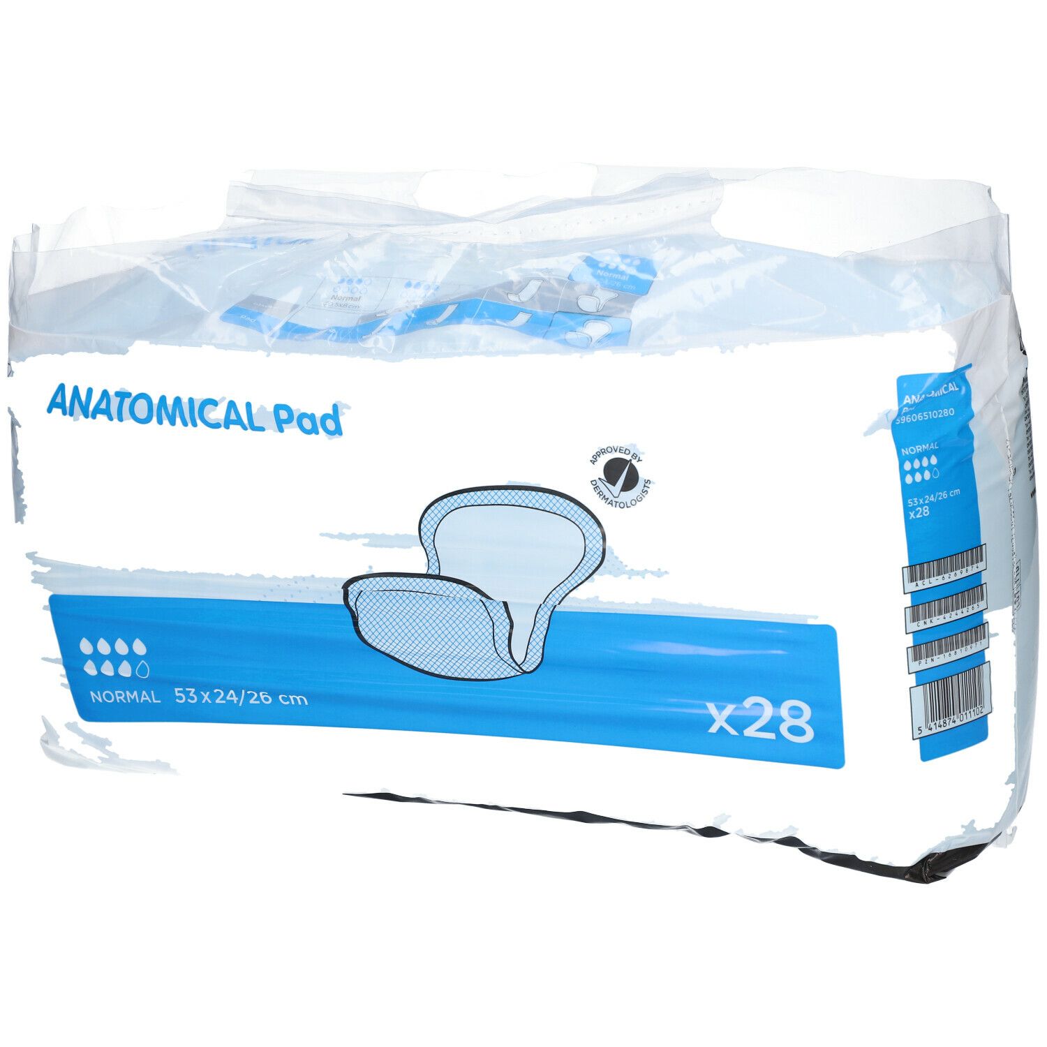 Verpakking anatomische inlegkruisjes. Opschrift: ANATOMICAL Pad, Normal, 53x24/26 cm, x28. Productafbeelding.