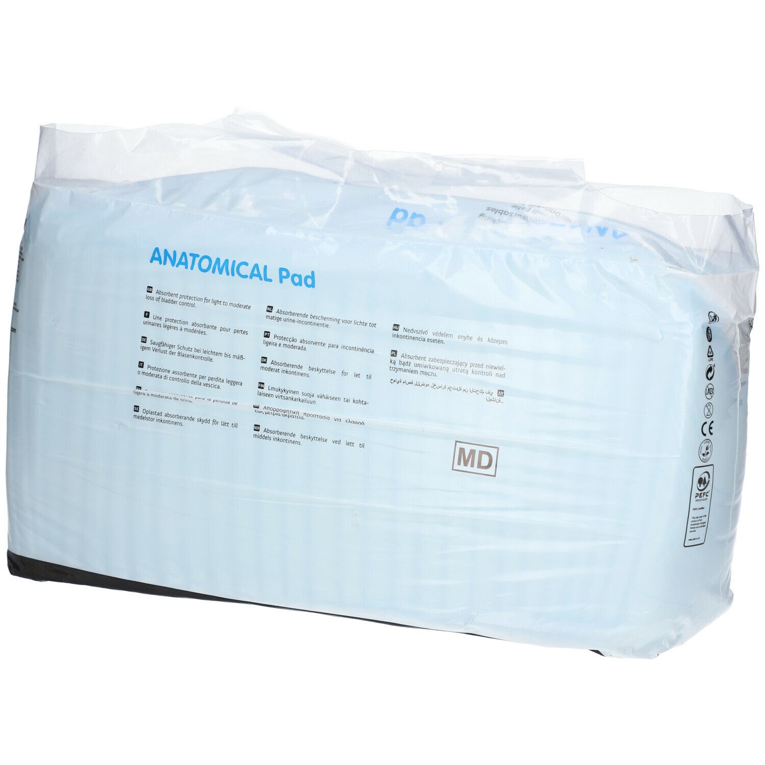 Verpakking anatomische inlegkruisjes. Opschrift: ANATOMICAL Pad. Pictogrammen. MD-teken. Productafbeelding.