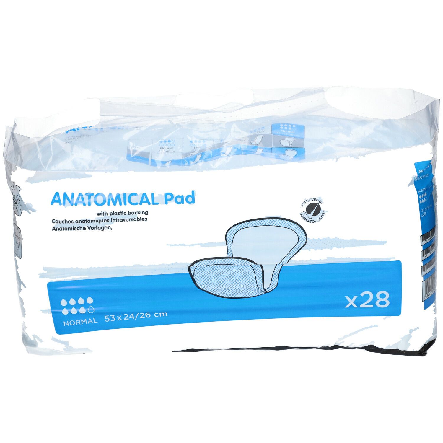 Verpakking anatomische inlegkruisjes. Opschrift: ANATOMICAL Pad, Normal, 53x24/26 cm, x28. Productafbeelding.