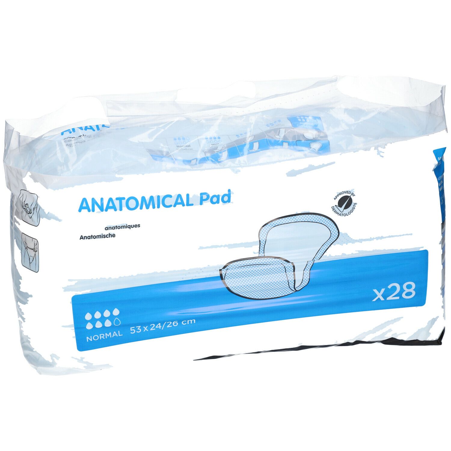 Verpakking anatomische inlegkruisjes. Opschrift: ANATOMICAL Pad, x28. Productafbeelding.