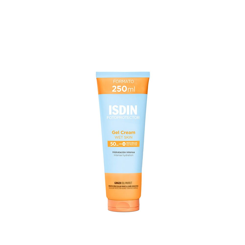 Tube de ISDIN Fotoprotector Gel Cream LSF 50. Design bleu et orange. 250 ml. Gel-crème pour peau mouillée.