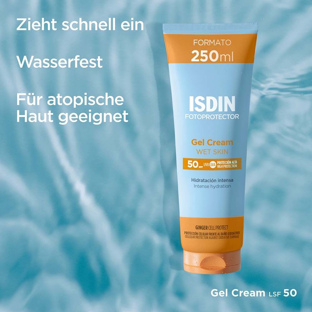 Tube ISDIN Fotoprotector Gel Cream LSF 50. 250 ml. Design bleu et orange. Résistant à l'eau. Pour peau atopique.