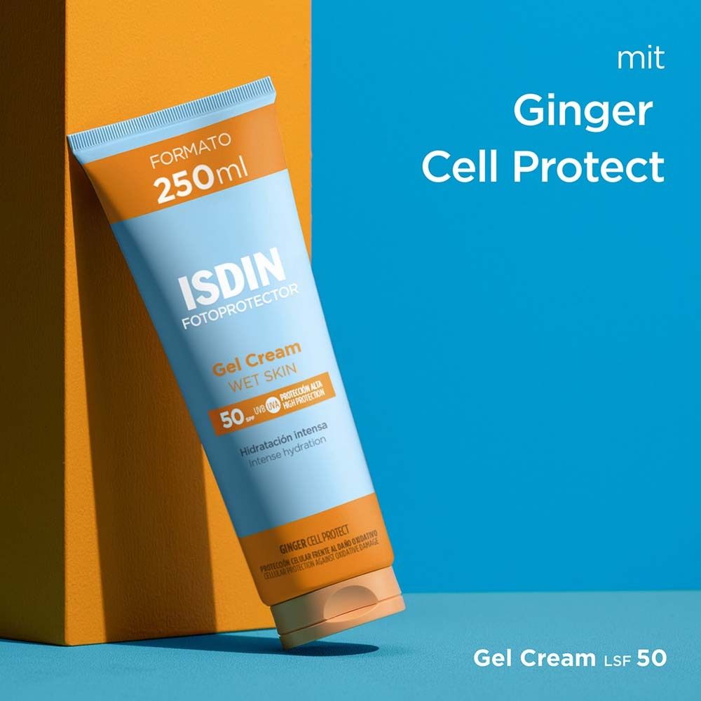 Tube ISDIN Fotoprotector Gel Cream LSF 50. 250 ml. Design bleu et orange. Avec Ginger Cell Protect.
