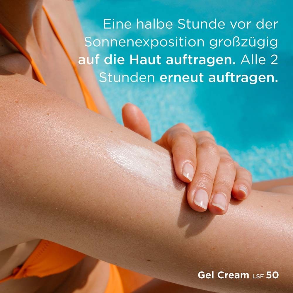 Conseils d'utilisation : Appliquer généreusement. Renouveler toutes les 2 heures. Texte : Gel Cream LSF 50.