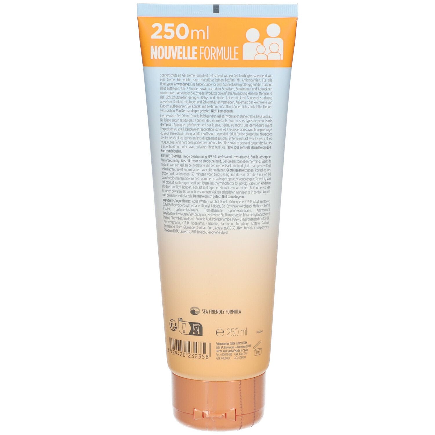 Achterkant van de tube ISDIN FOTOPROTECTOR Gel Cream. Tekst en symbolen op wit-oranje achtergrond. Met gebruiksinformatie.
