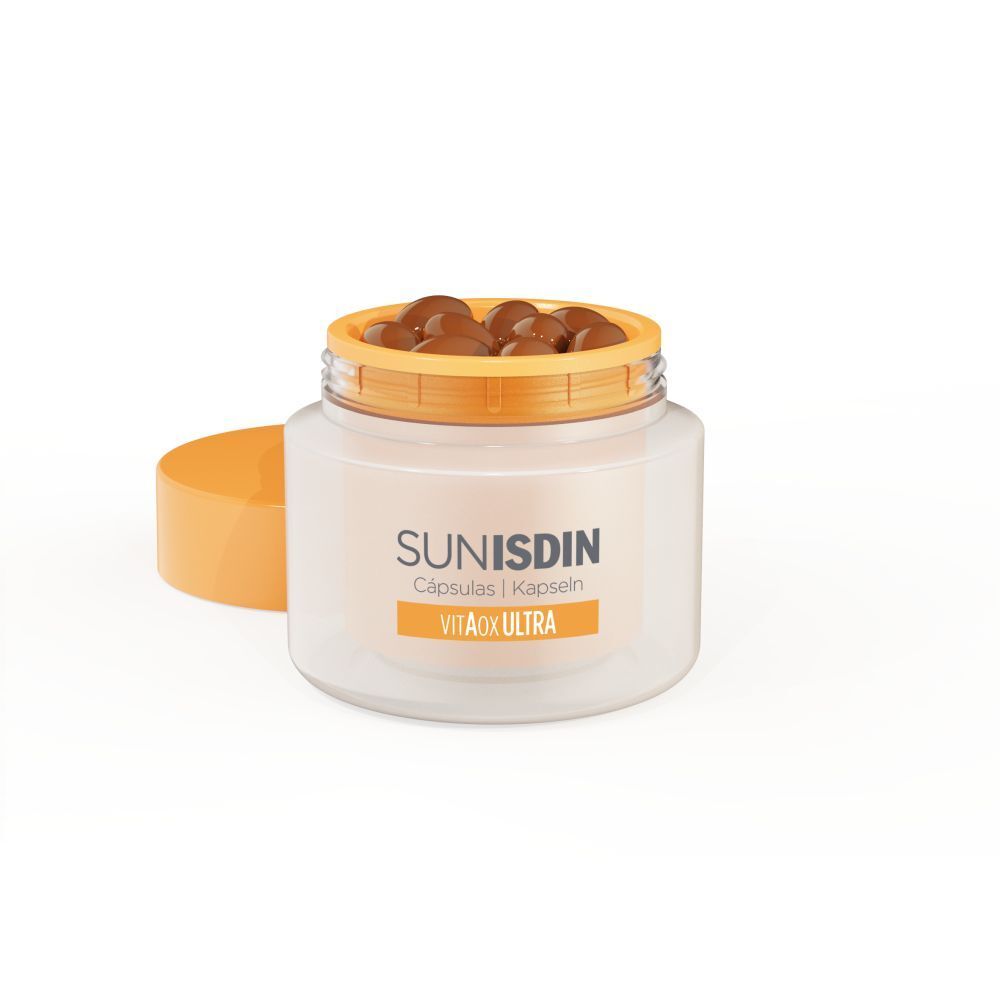 Open pot met bruine capsules. Opschrift SunISDIN, VitAox Ultra. Deksel ernaast.