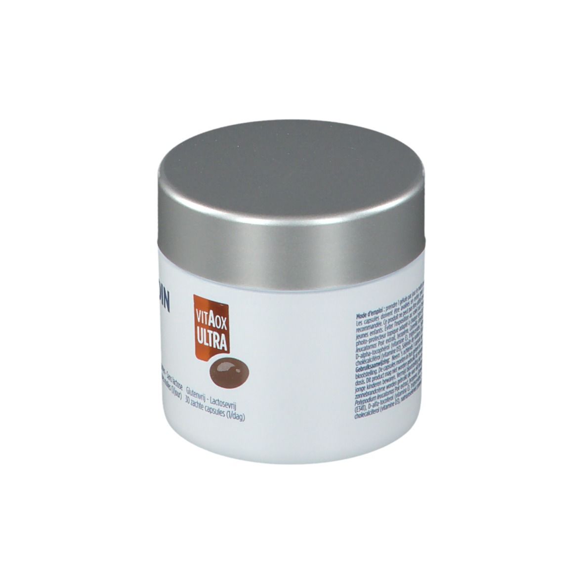Witte pot met zilveren deksel. Opschrift SunISDIN, Gélules Capsules. Bevat 30 capsules. Glutenvrij en lactosevrij.