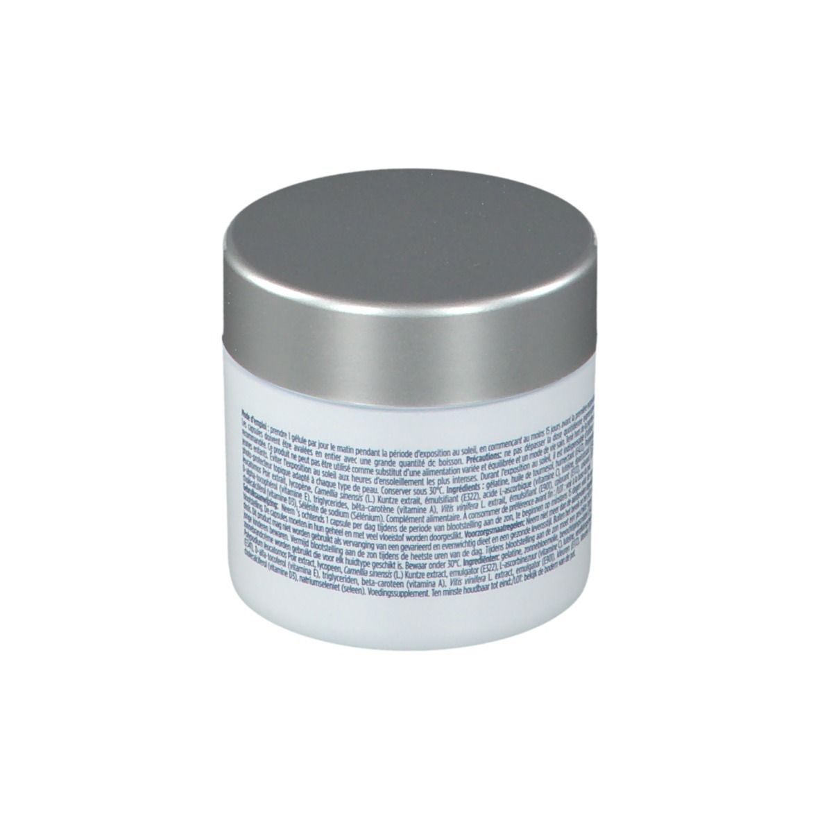 Witte pot met zilveren deksel. Opschrift SunISDIN, Gélules Capsules. Bevat 30 capsules. Glutenvrij en lactosevrij.