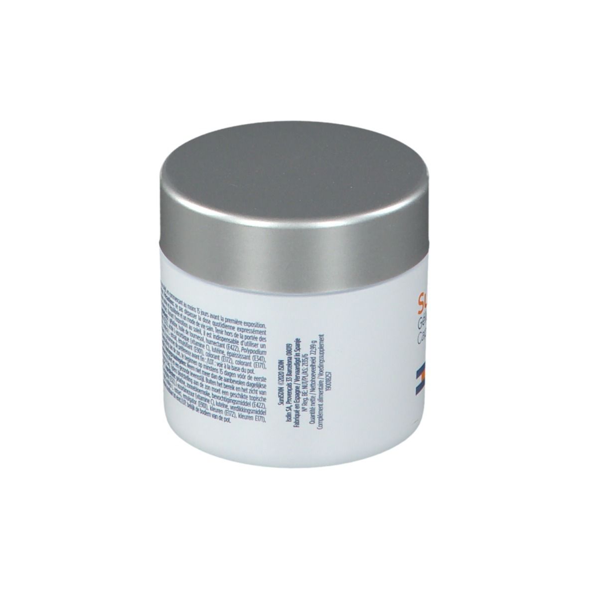 Witte pot met zilveren deksel. Opschrift SunISDIN, Gélules Capsules. Bevat 30 capsules. Glutenvrij en lactosevrij.