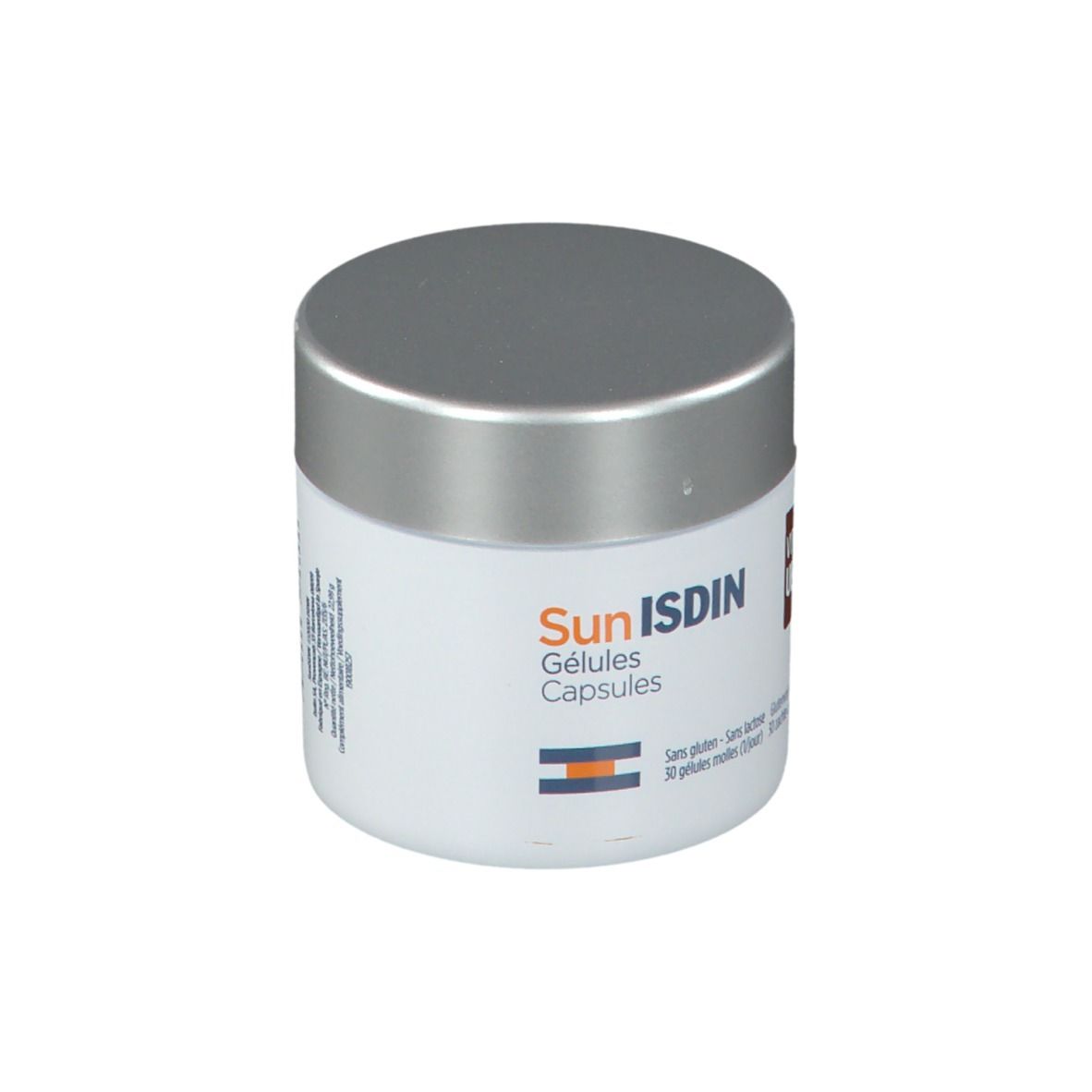Witte pot met zilveren deksel. Opschrift SunISDIN, Gélules Capsules. Bevat 30 capsules. Glutenvrij en lactosevrij.