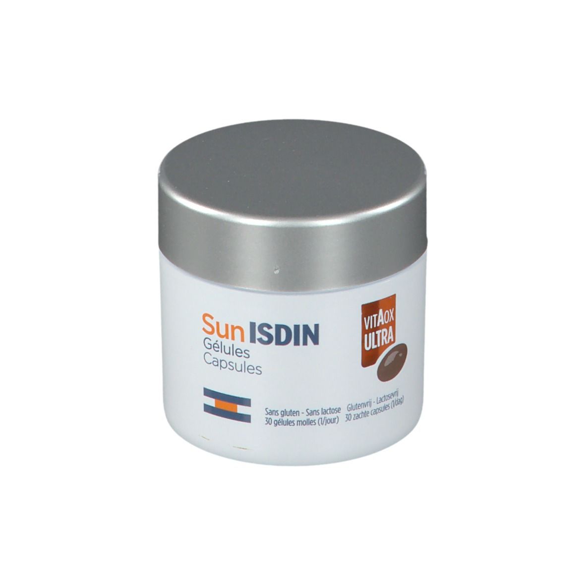 Witte pot met zilveren deksel. Opschrift SunISDIN, Gélules Capsules. Bevat 30 capsules. Glutenvrij en lactosevrij.