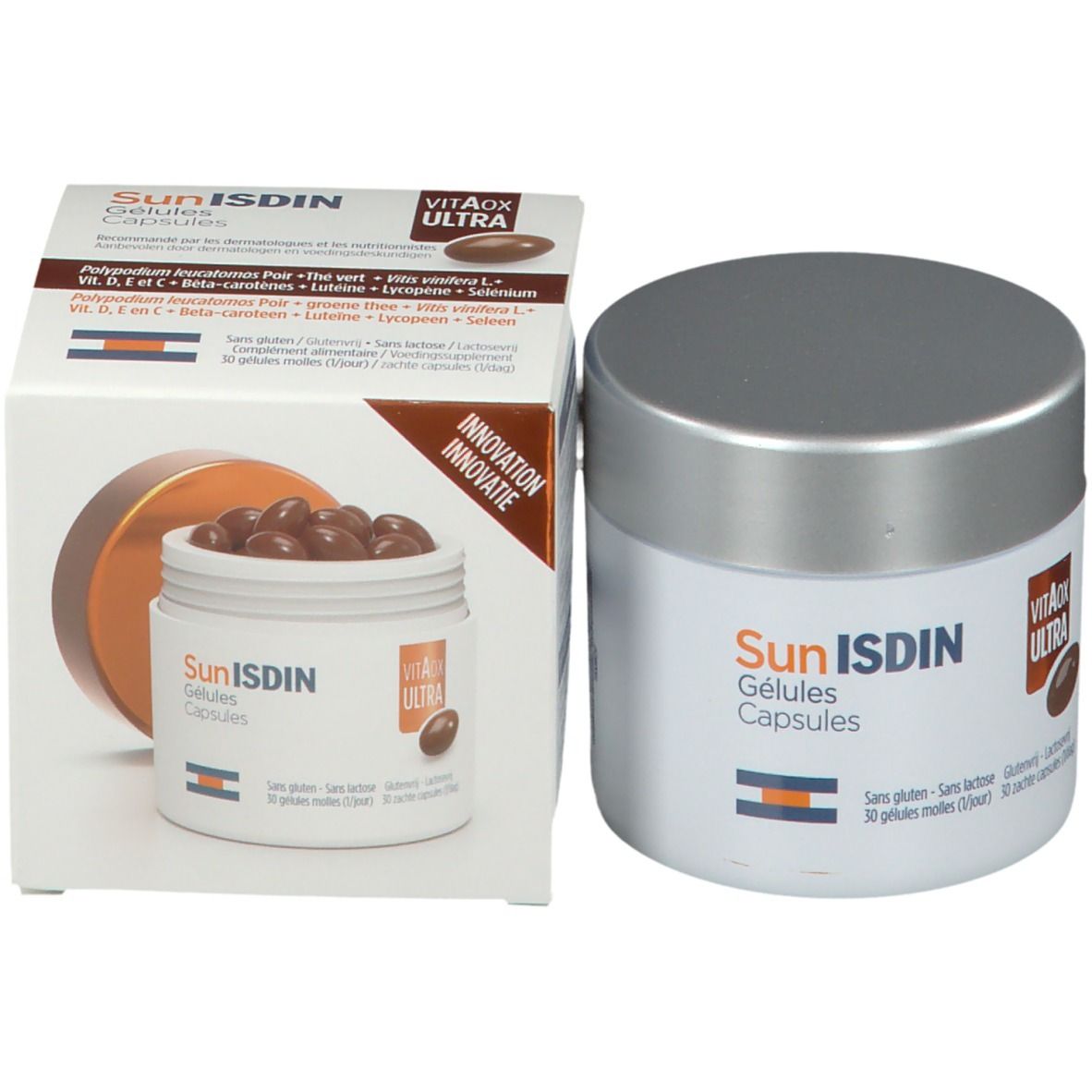 Productverpakking met pot en doos. Pot: wit, zilveren deksel, opschrift SunISDIN. Doos: wit, oranje, productafbeelding.