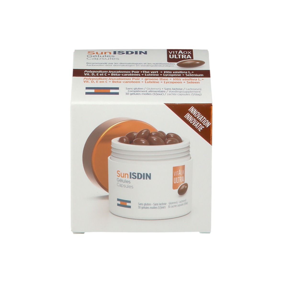 Productverpakking met pot en doos. Pot: wit, zilveren deksel, opschrift SunISDIN. Doos: wit, oranje, productafbeelding.