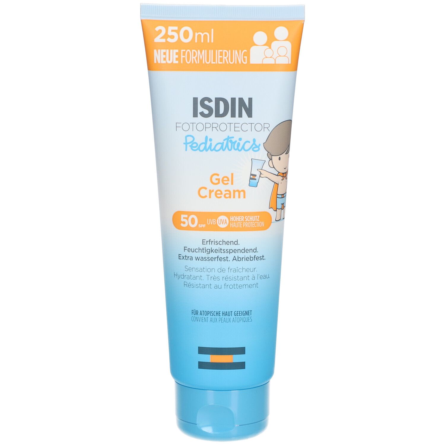 Crèmetube ISDIN Fotoprotector Pediatrics. Oranje-blauwe kleurovergang. 250ml. SPF 50+. Kind-illustratie.