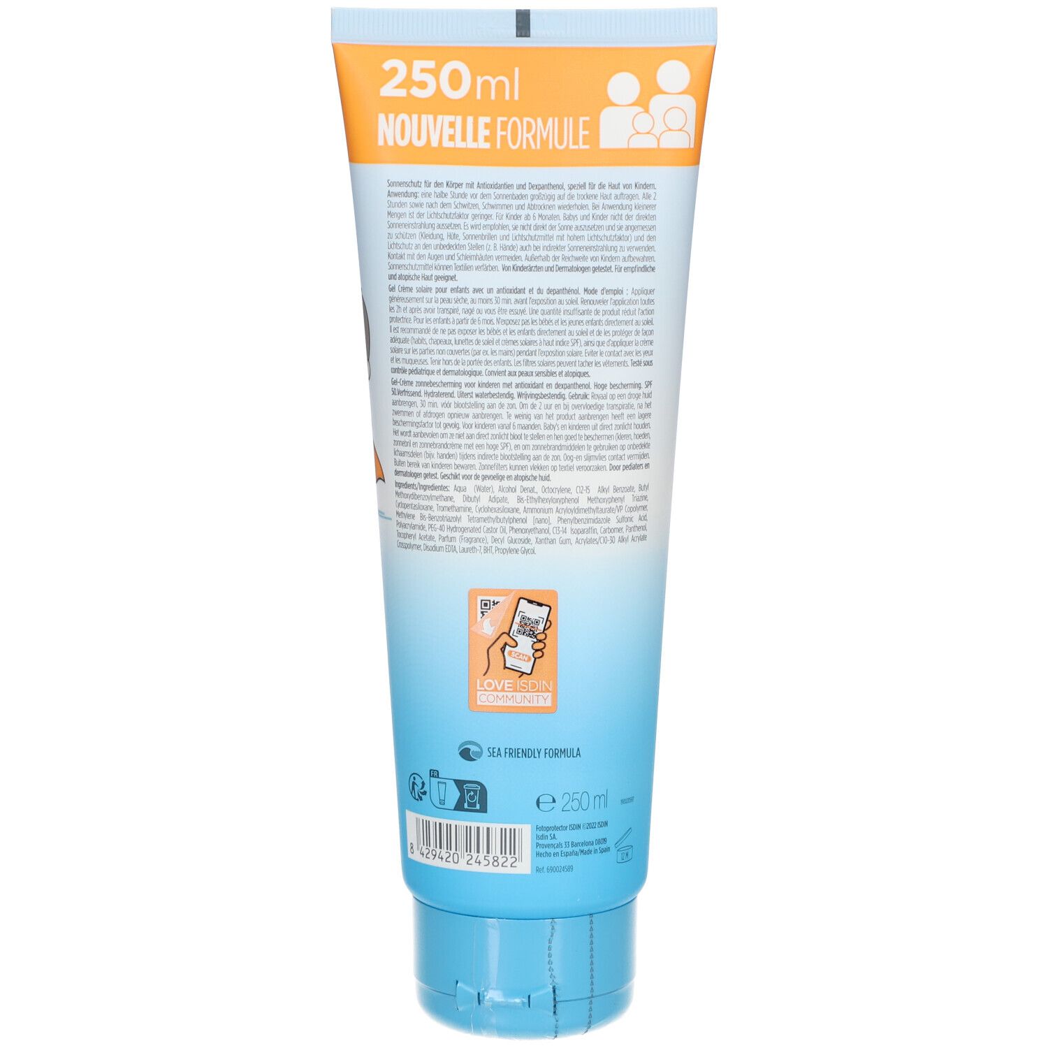 Achterkant van de crèmetube. Tekst in meerdere talen. QR-code. 250 ml. Sea Friendly formule.