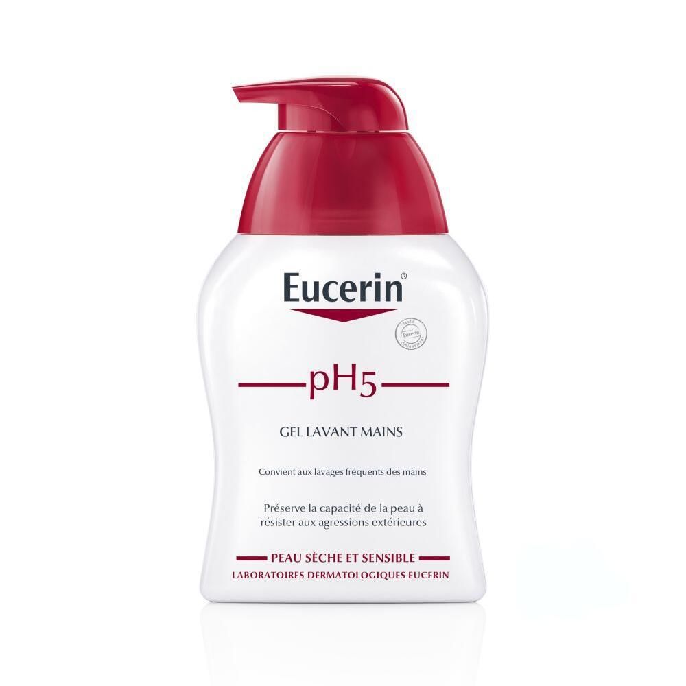 Eucerin pH5 Gel Lavant Mains. Flacon blanc avec pompe rouge. Inscription pH5, Gel Lavant Mains. Pour peaux sèches et sensibles.