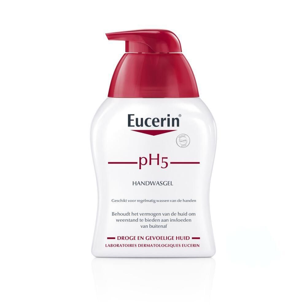 Eucerin pH5 Handwasgel. Witte fles met rode pomp. Opschrift: pH5, Handwasgel. Voor de droge en gevoelige huid.