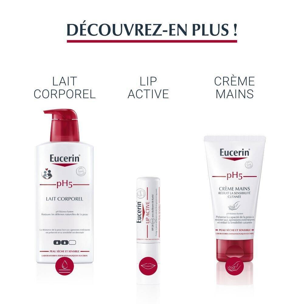 Trois produits Eucerin: pH5 Lait Corporel, baume à lèvres Lip Active, pH5 Crème Mains. Tous avec accents rouges et logo pH5.
