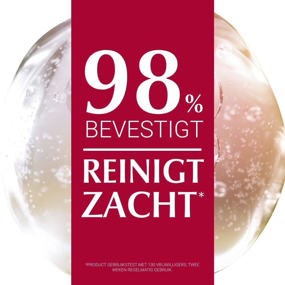 Rood blok met tekst: 98% bevestigen, reinigt zacht. Product getest met 130 vrijwilligers, twee keer per week.