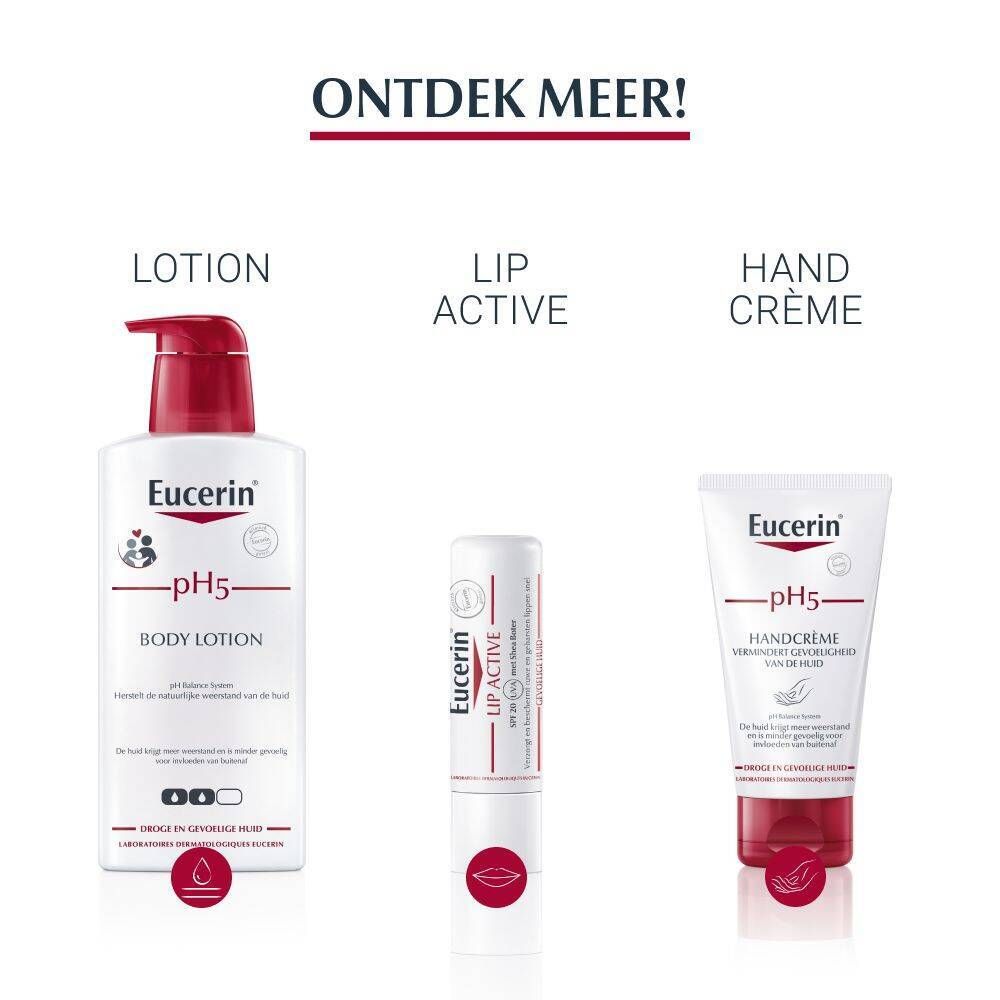 Drie Eucerin-producten: pH5 Body Lotion, Lip Active lippenbalsem, pH5 Handcrème. Alle met rode accenten en pH5-logo.