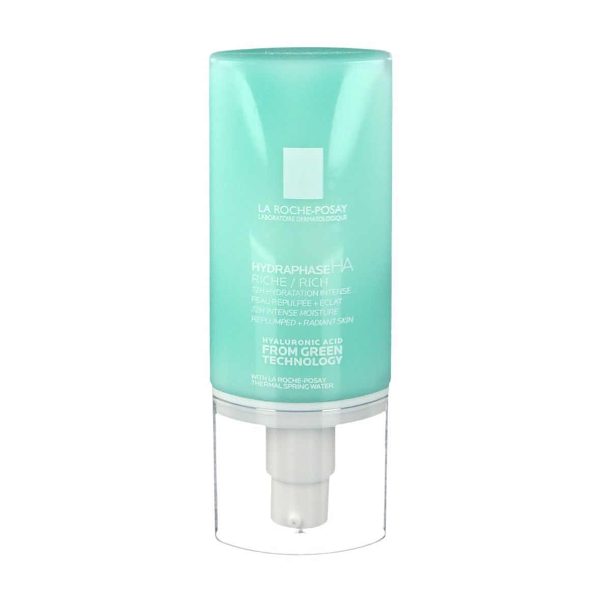 Turquoise fles met witte dispenser. Opschrift: HYDRAPHASE HA RICHE. Merk: LA ROCHE-POSAY.
