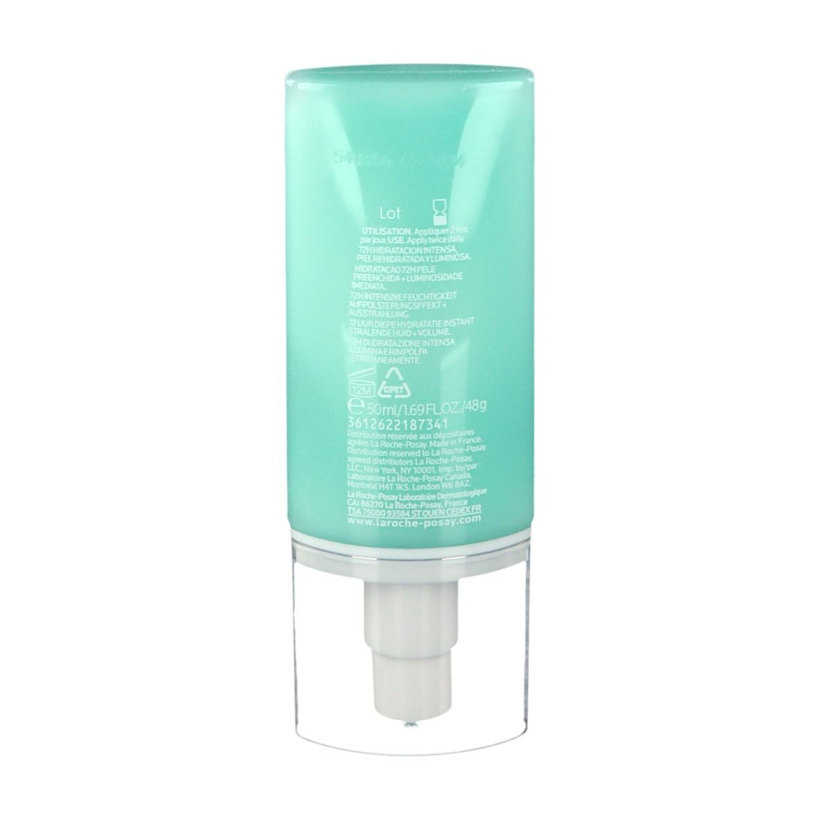 Achterkant van de turquoise fles met witte dispenser. Tekst en logo's.