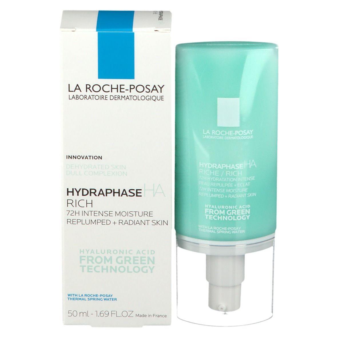 Productverpakking met fles en doos. Opschrift: HYDRAPHASE HA RICH. Merk: LA ROCHE-POSAY.