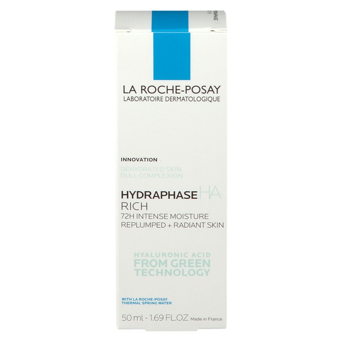 Witte productverpakking met blauwe streep. Opschrift: HYDRAPHASE HA RICH. Merk: LA ROCHE-POSAY.
