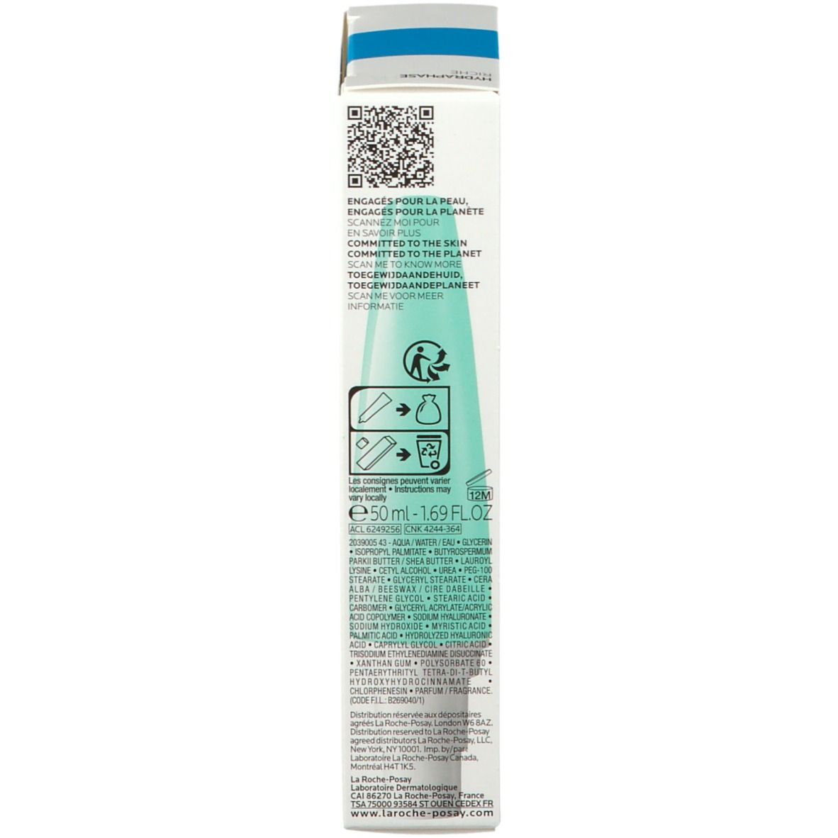 Achterkant van de productverpakking. Tekst en logo's. Merk: LA ROCHE-POSAY.