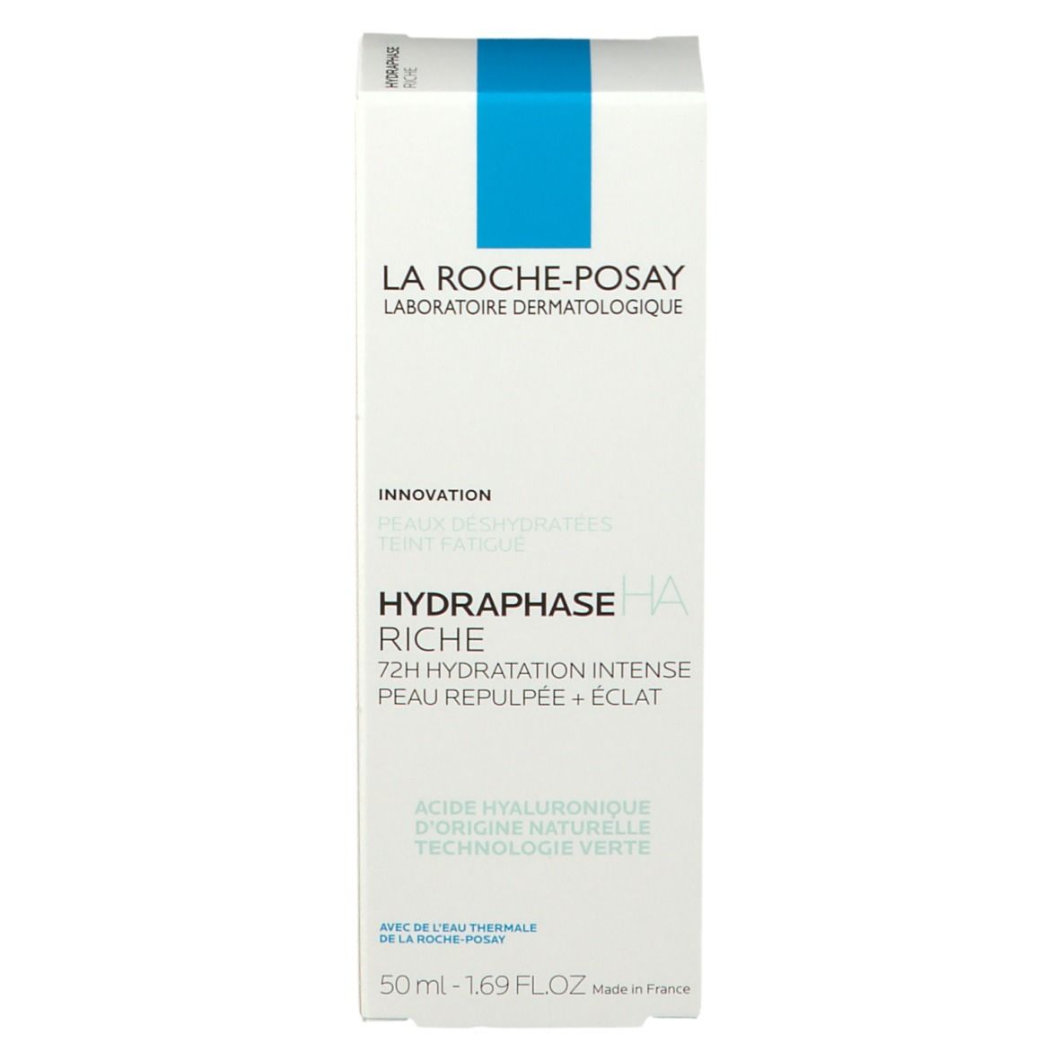 Productverpakking met blauwe streep. Opschrift: HYDRAPHASE HA RICHE. Merk: LA ROCHE-POSAY.