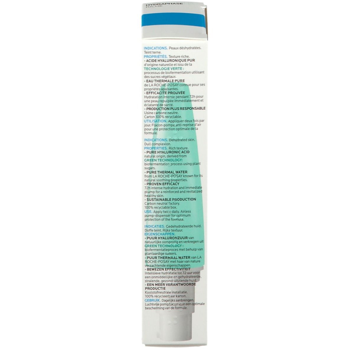 Achterkant van de productverpakking. Tekst en logo's. Merk: LA ROCHE-POSAY.