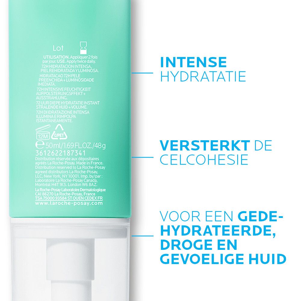 Turquoise fles met witte dispenser op witte achtergrond. Logo en tekst.
