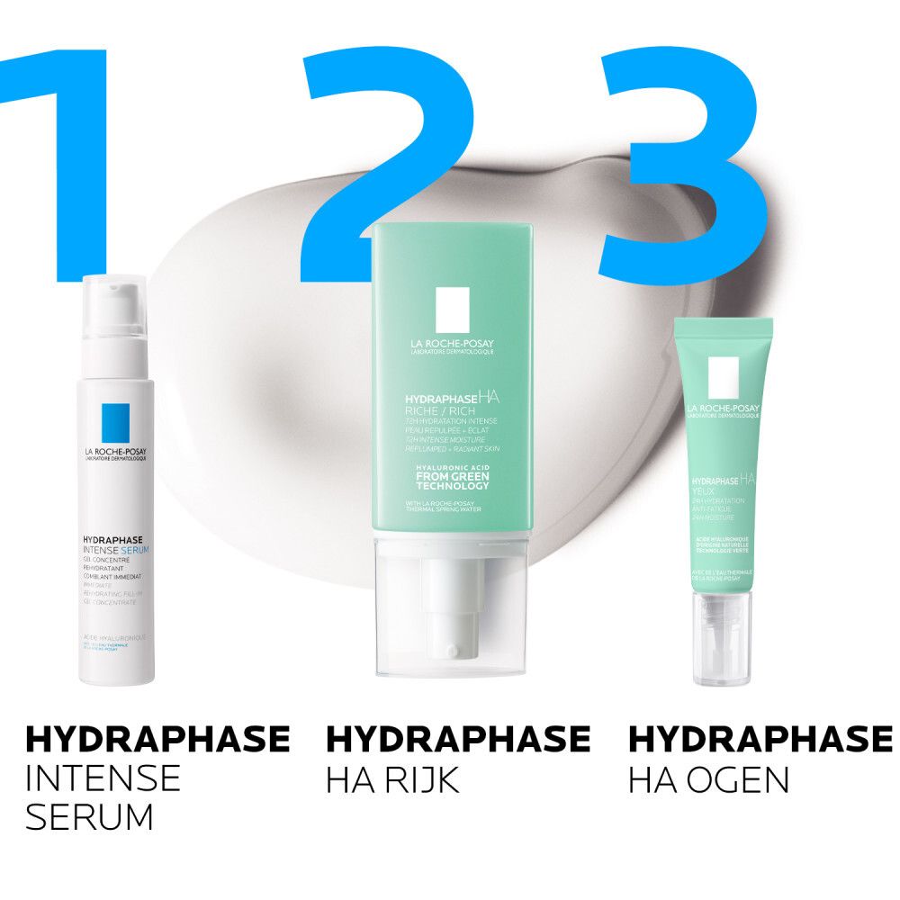 Drie producten naast elkaar. HYDRAPHASE Intense Serum, HA Rijk, HA Ogen. Merk: LA ROCHE-POSAY.