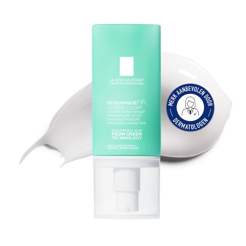 Turquoise fles met pomp en crème. Opschrift: LA ROCHE-POSAY, HYDRAPHASE HA LÉGÈRE. Dermatologisch getest.