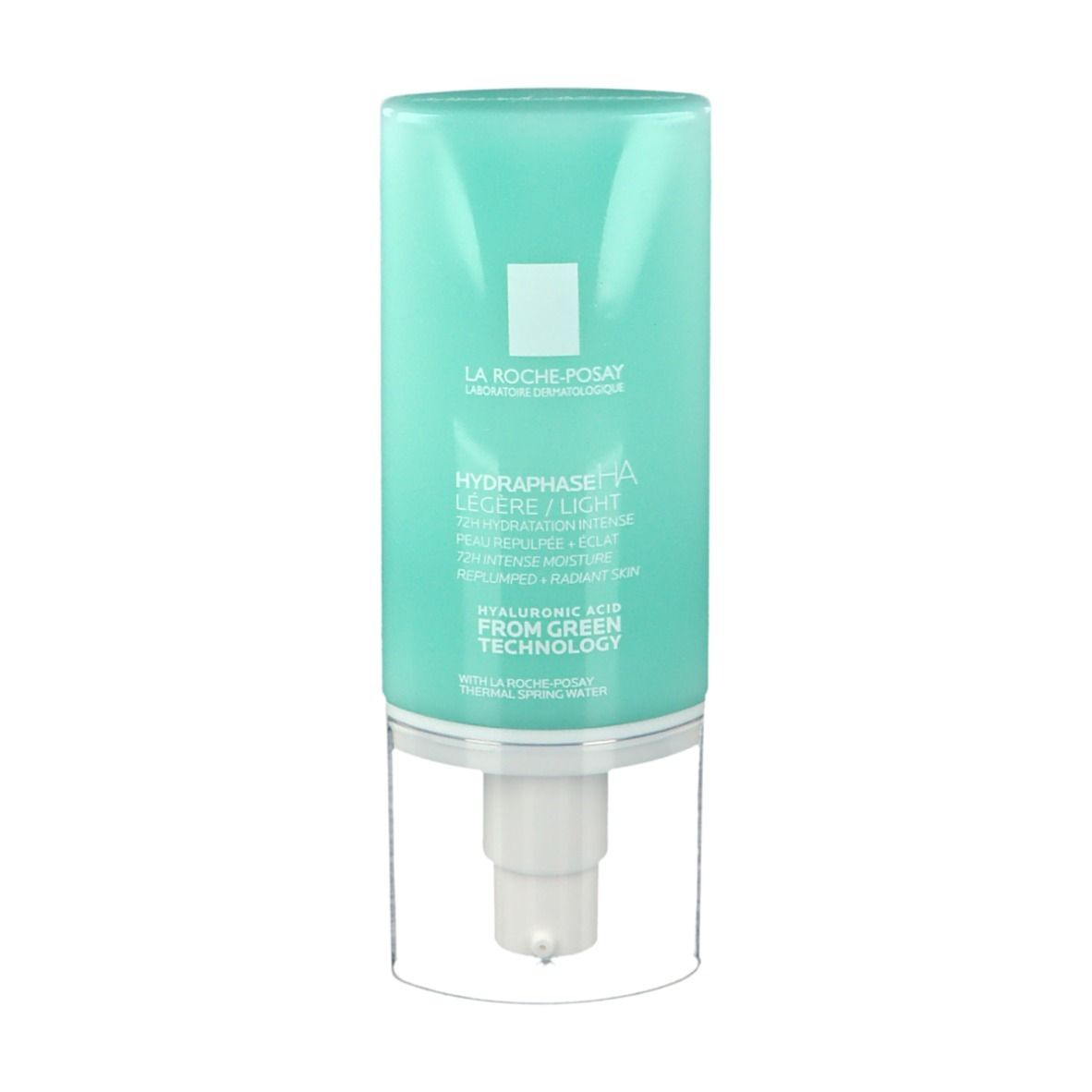 Turquoise fles met pomp. Opschrift: LA ROCHE-POSAY, HYDRAPHASE HA LÉGÈRE. Product voor de uitgedroogde huid.