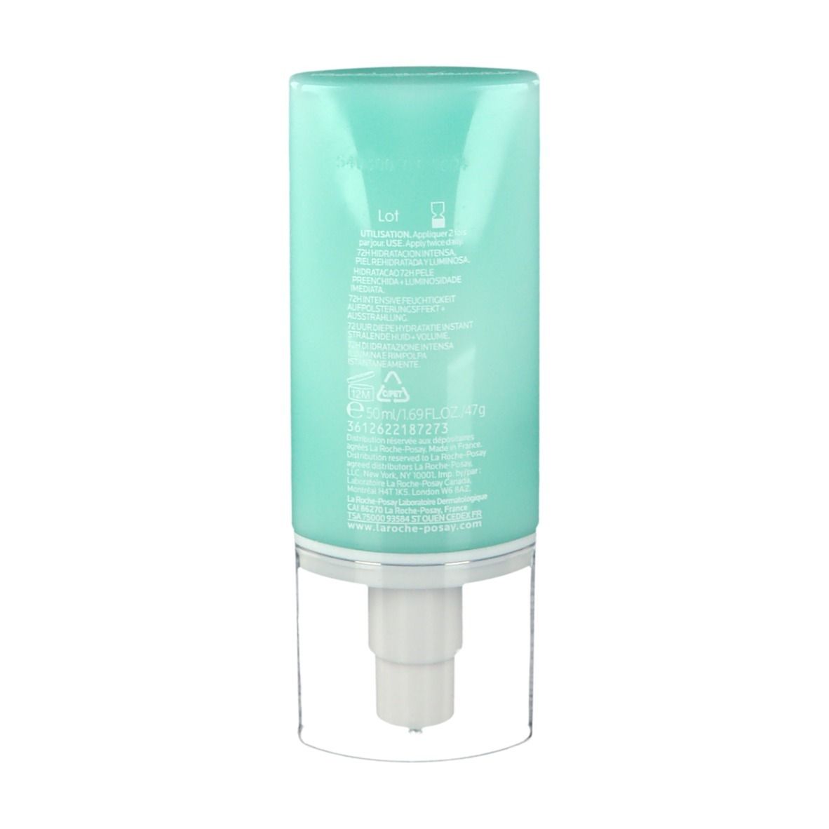Achterkant van de turquoise fles. Tekst met productinformatie en ingrediënten. Fabrikantinformatie.