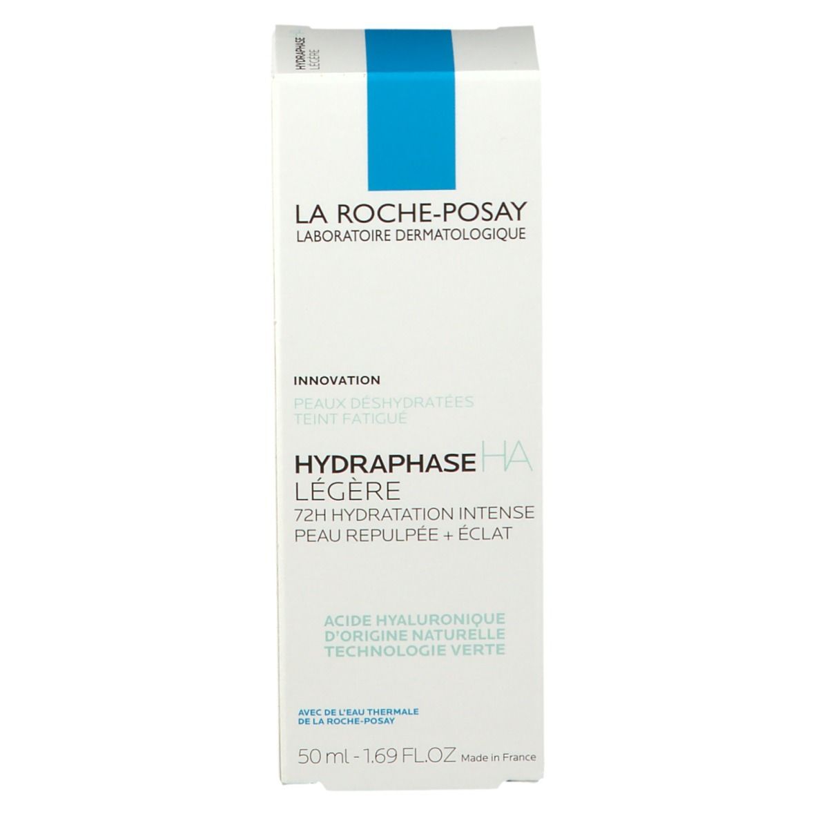 Witte verpakking met blauwe streep. Opschrift: LA ROCHE-POSAY, HYDRAPHASE HA LÉGÈRE. Product voor de uitgedroogde huid.