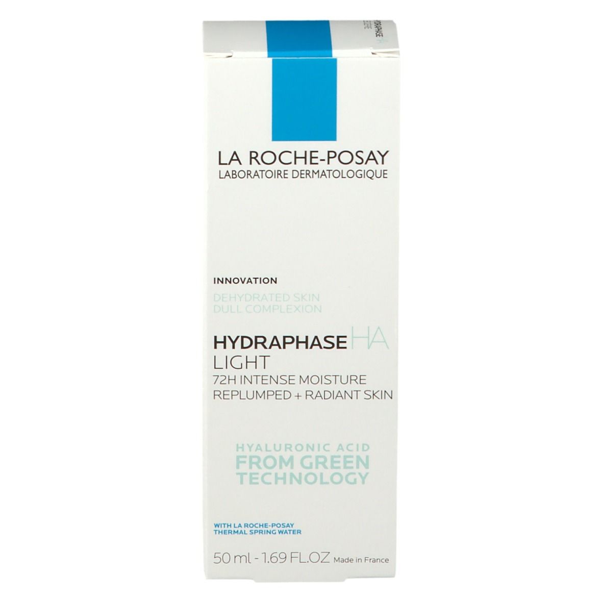 Witte verpakking met blauwe streep. Opschrift: LA ROCHE-POSAY, HYDRAPHASE HA LIGHT. Productinformatie.