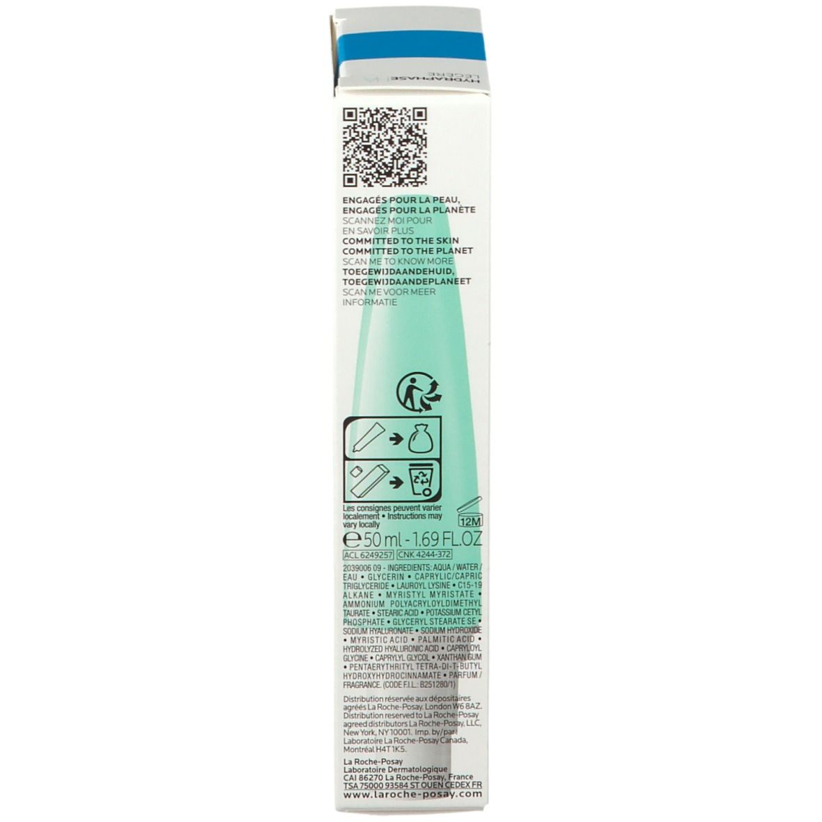 Verpakking met QR-code en informatie. Opschrift: ENGAGEERD VOOR DE HUID, VOOR DE PLANEET. Productinformatie.