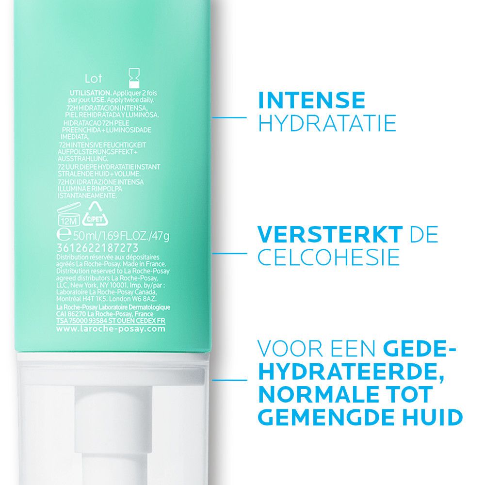 Achterkant van de turquoise fles. Tekst met productinformatie. Opschrift: INTENSE HYDRATATIE.
