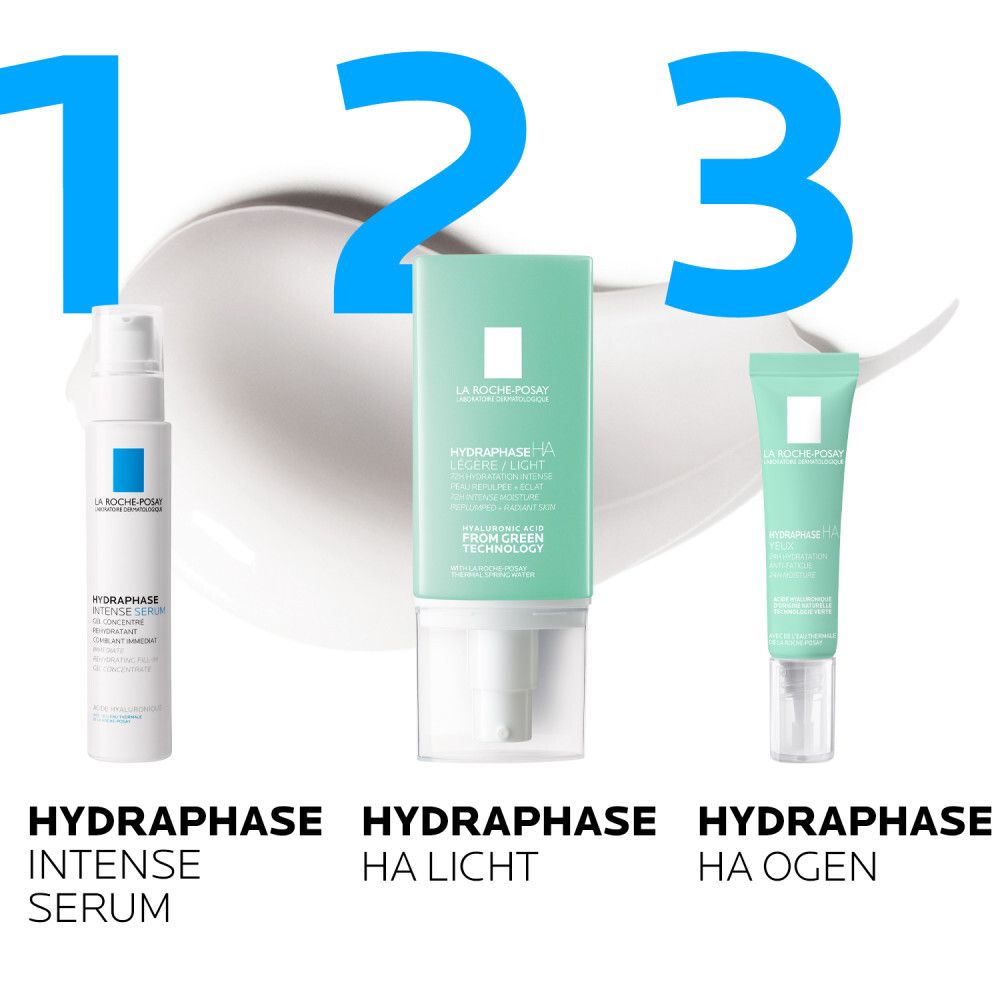 Drie producten naast elkaar. HYDRAPHASE Intense Serum, HYDRAPHASE HA Licht, HYDRAPHASE HA Ogen.
