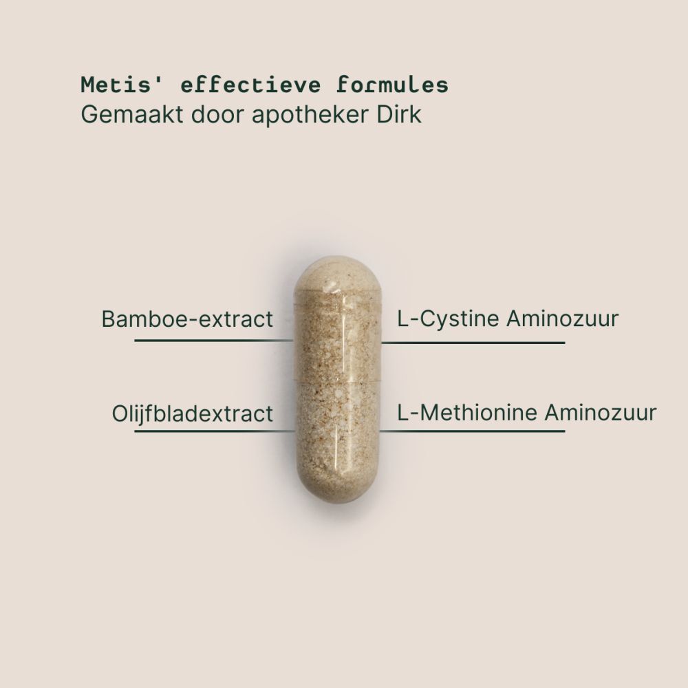 Gélule avec texte. Texte : Formules efficaces de Metis. Extrait de bambou, extrait de feuille d'olivier, L-cystine, L-méthionine.