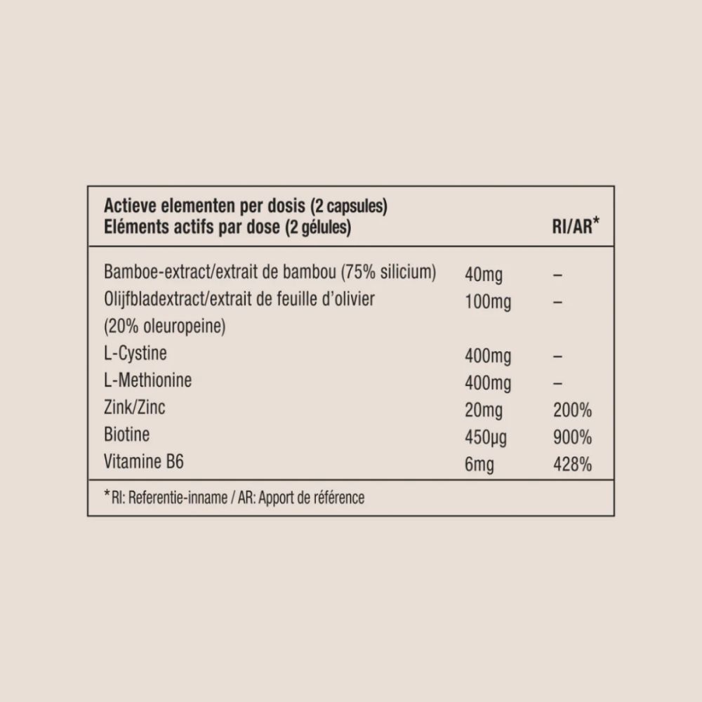 Tableau avec ingrédients par dose (2 gélules). Extrait de bambou, extrait de feuille d'olivier, L-cystine, L-méthionine, zinc, biotine.