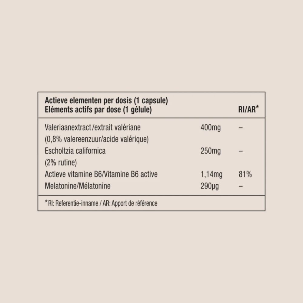 Tabel met ingrediënten per capsule. Bevat Valeriaan, Eschscholzia, Melatonine, Vitamine B6.