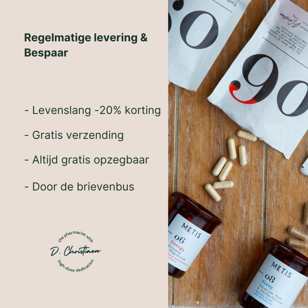 Verschillende verpakkingen en capsules. Tekst: Regelmatige levering & besparen. Kortingen.