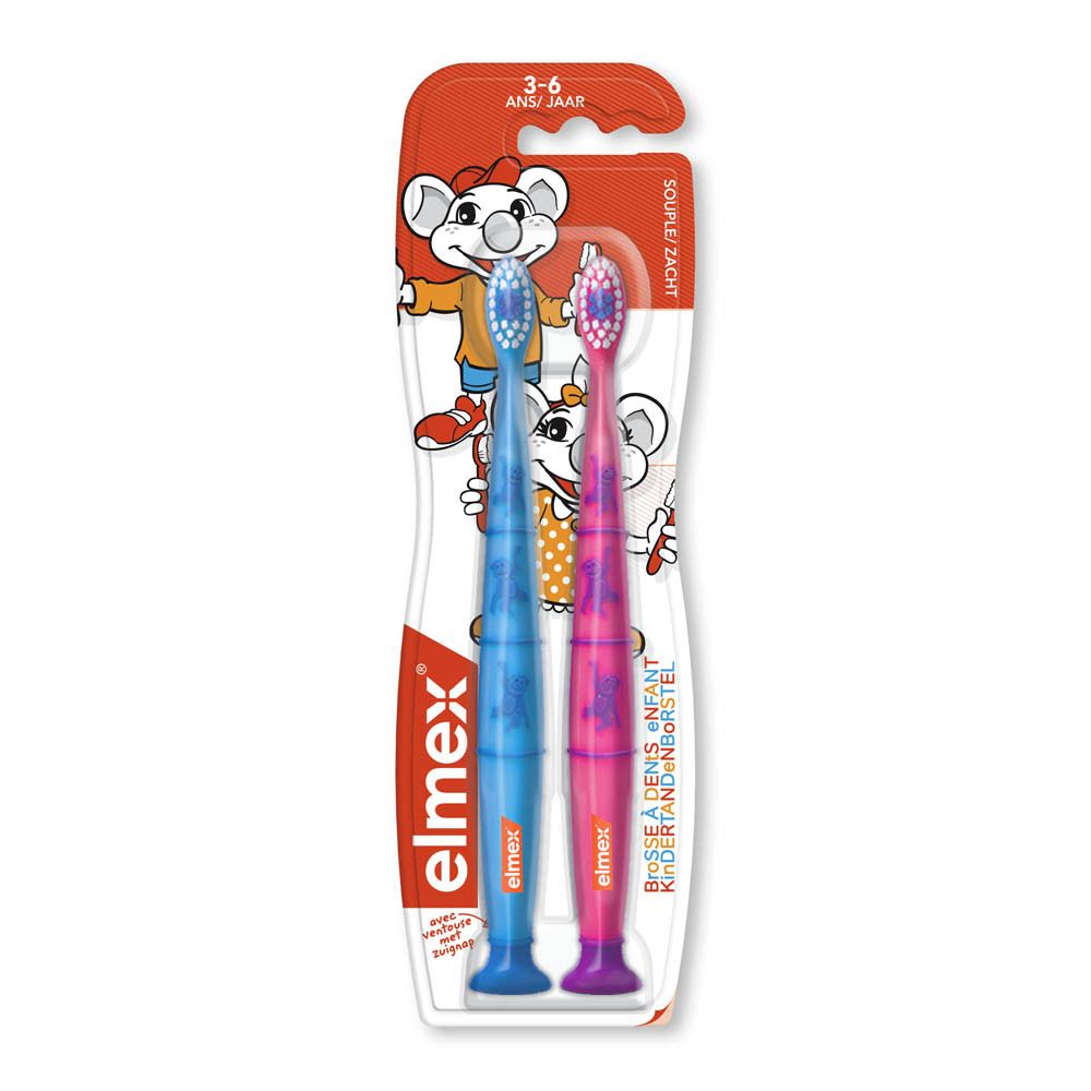 Twee elmex® kinder-tandenborstels in verpakking. Blauwe en roze borstel. Aanbevolen leeftijd: 3-6 jaar.